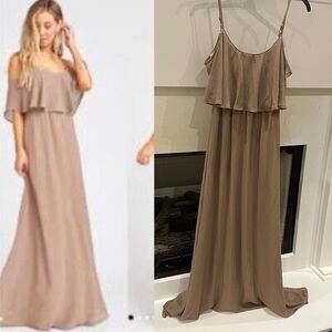 Show Me Your Mumu Caitlin Ruffle Maxi Dress Cold Shoulder Gown Dune Chiffon XS